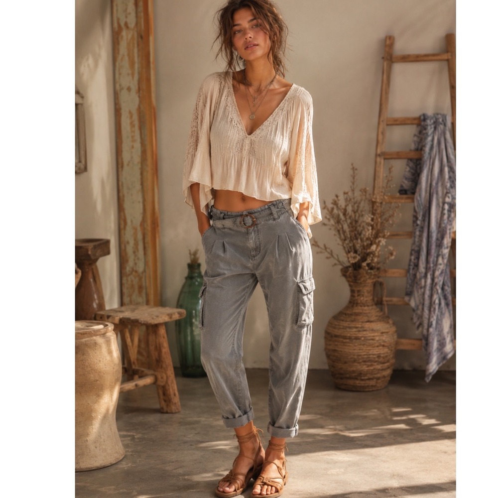 Free People Slate Gray Distressed Cargo Pants Grey Belted Utility Tapered boho